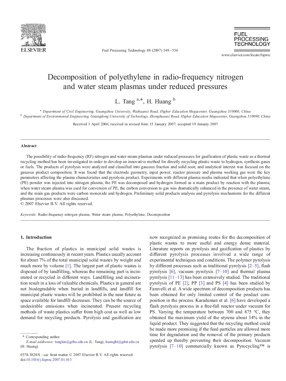 Decomposition of polyethylene in radio-frequency nitrogen and water steam plasmas under reduced pressures