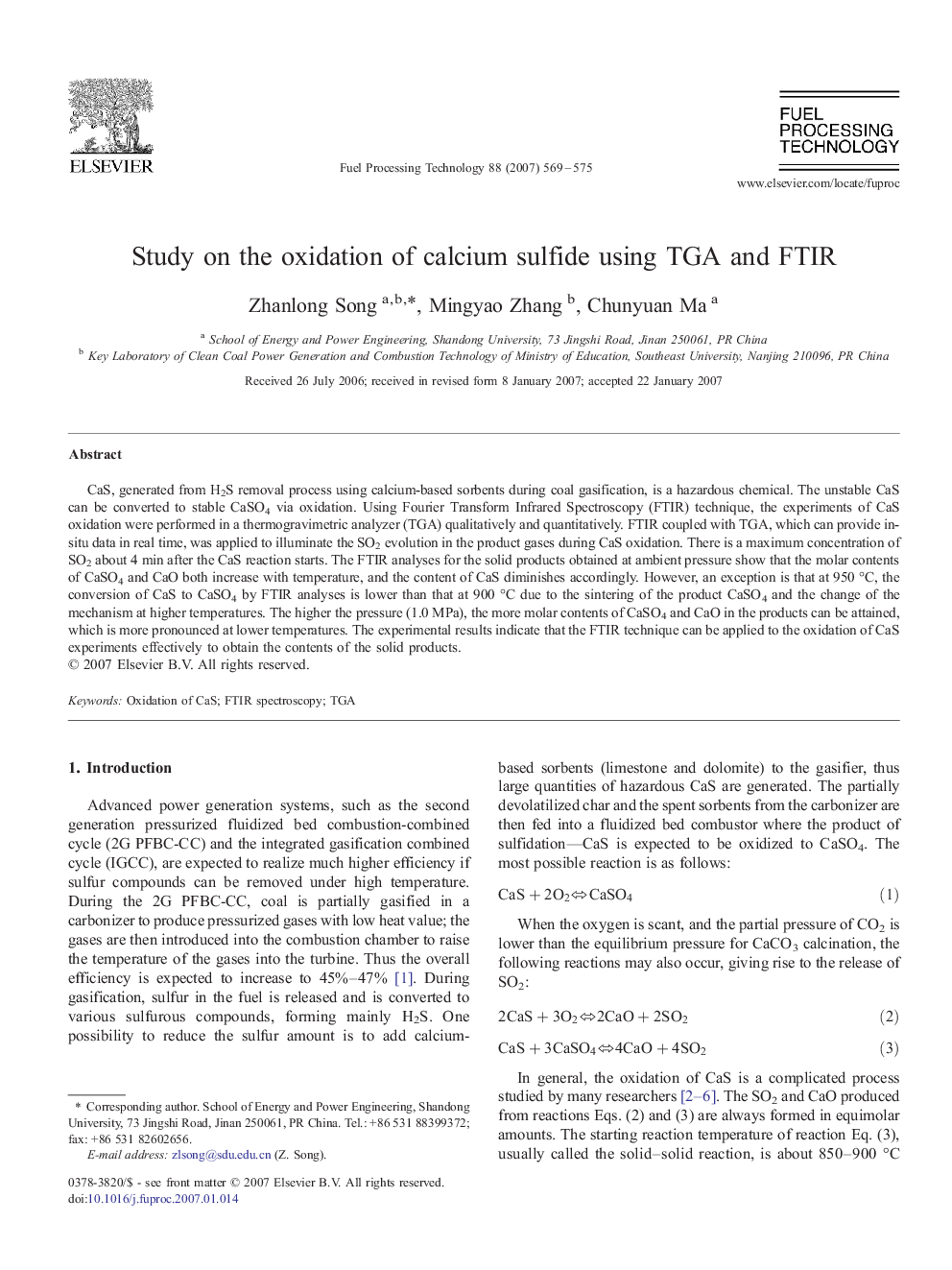 Study on the oxidation of calcium sulfide using TGA and FTIR