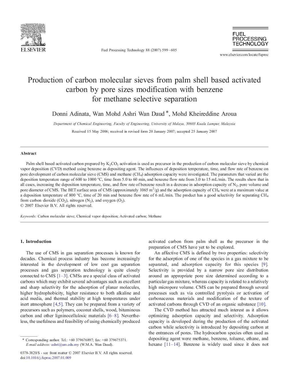 Production of carbon molecular sieves from palm shell based activated carbon by pore sizes modification with benzene for methane selective separation