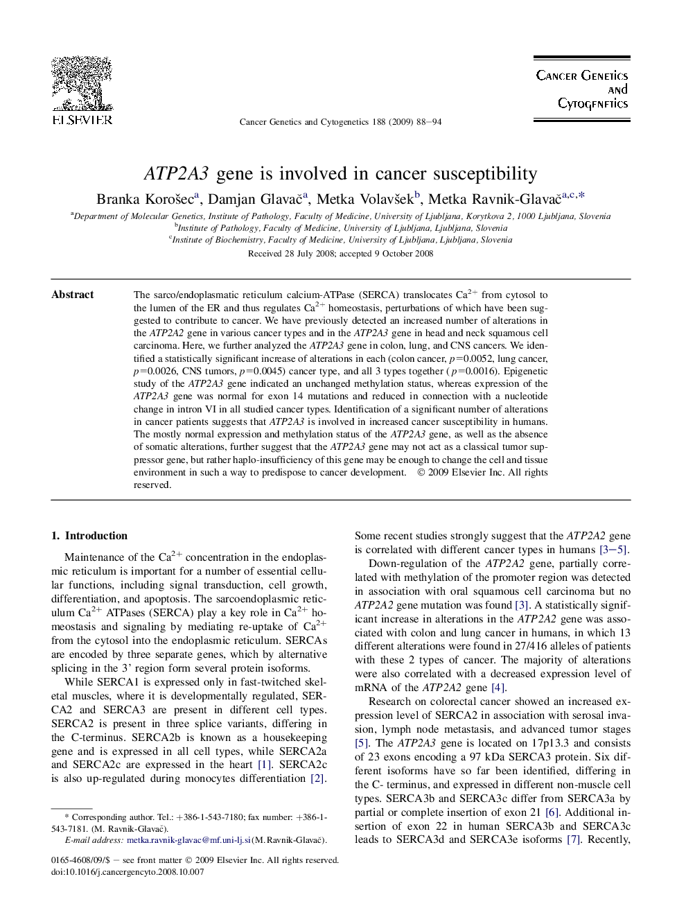 ATP2A3 gene is involved in cancer susceptibility