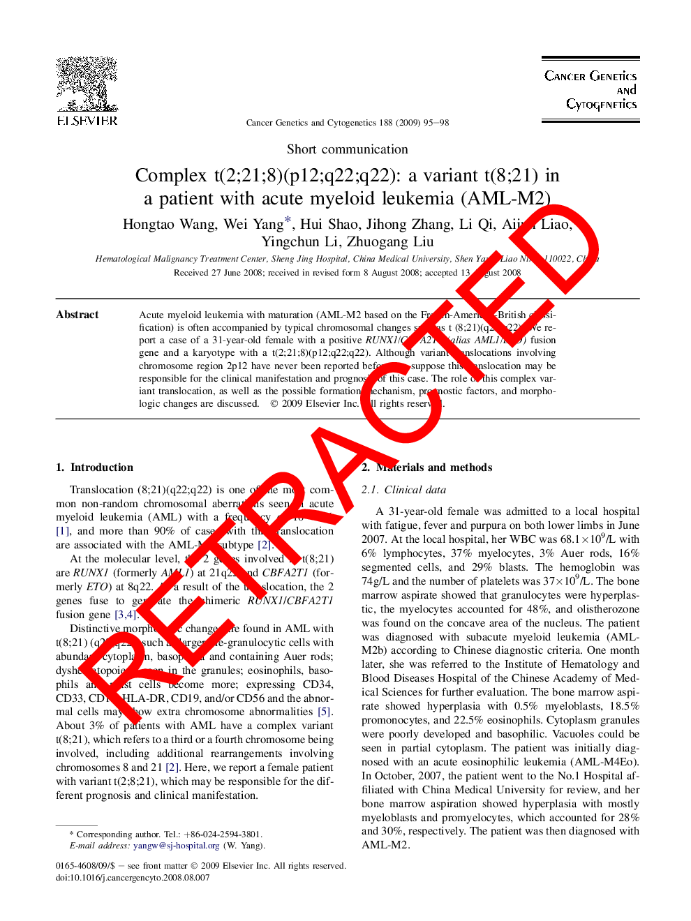 RETRACTED: Complex t(2;21;8)(p12;q22;q22): a variant t(8;21) in a patient with acute myeloid leukemia (AML-M2)