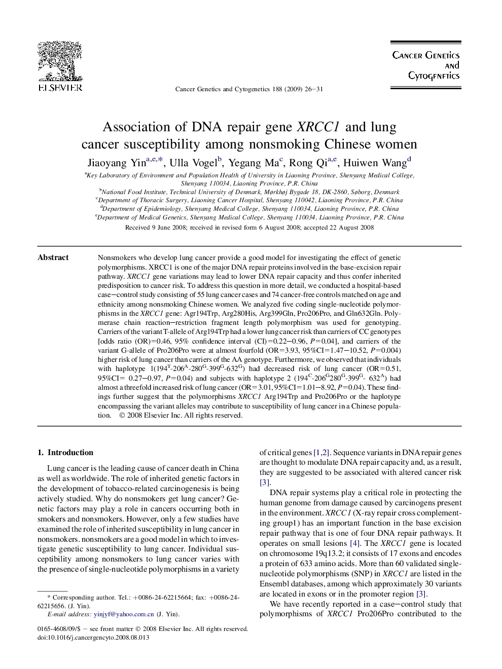 Association of DNA repair gene XRCC1 and lung cancer susceptibility among nonsmoking Chinese women