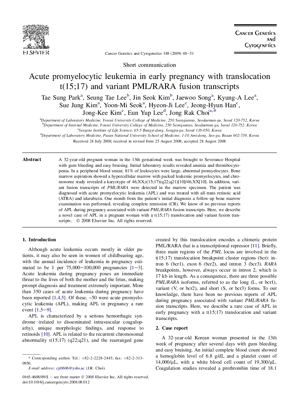 Acute promyelocytic leukemia in early pregnancy with translocation t(15;17) and variant PML/RARA fusion transcripts