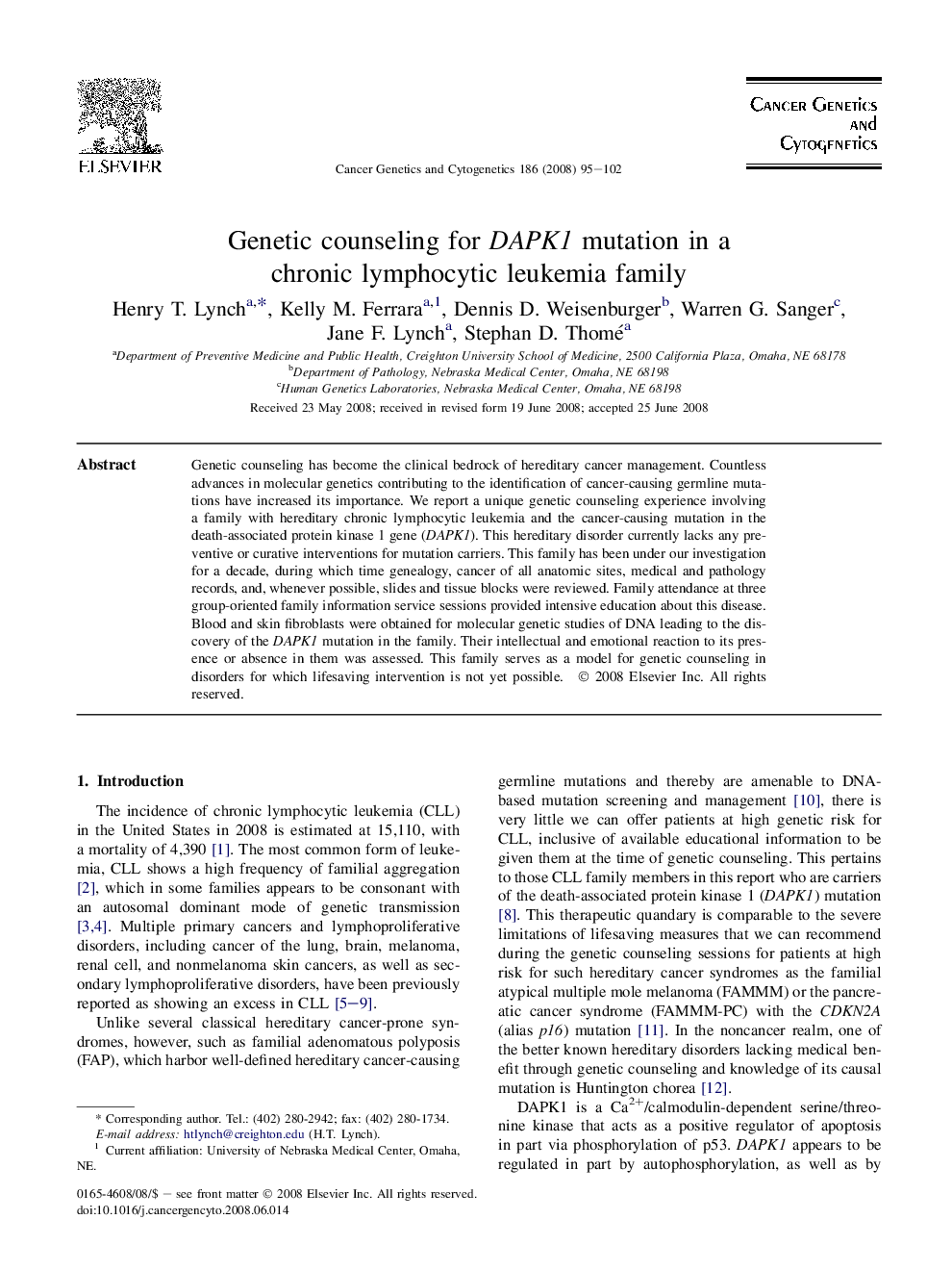 Genetic counseling for DAPK1 mutation in a chronic lymphocytic leukemia family