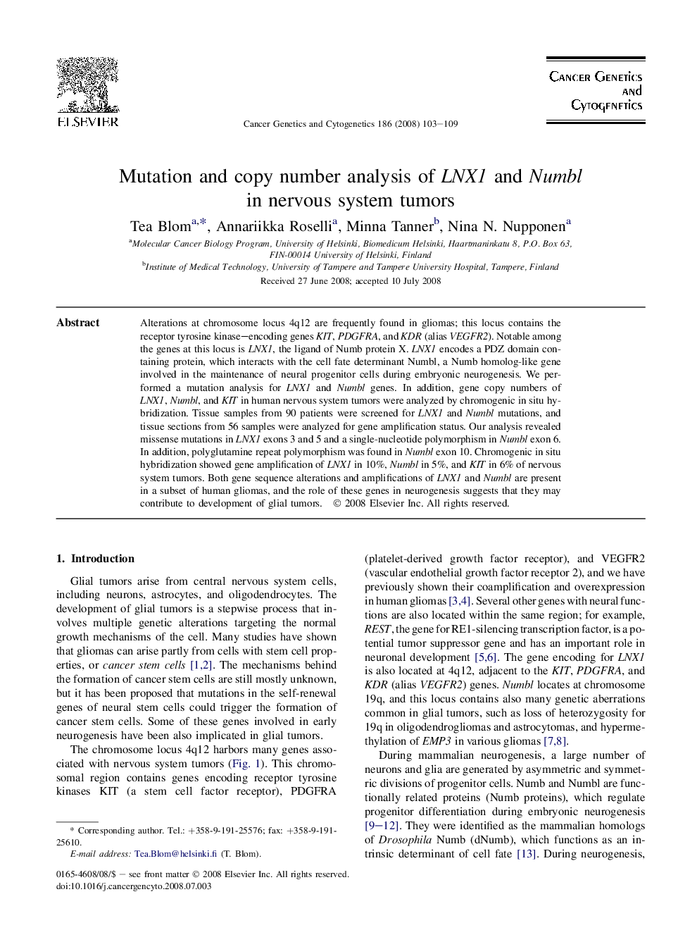 Mutation and copy number analysis of LNX1 and Numbl in nervous system tumors