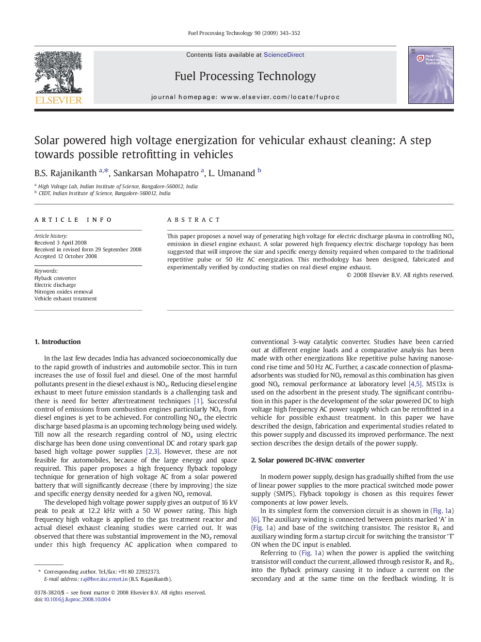 Solar powered high voltage energization for vehicular exhaust cleaning: A step towards possible retrofitting in vehicles