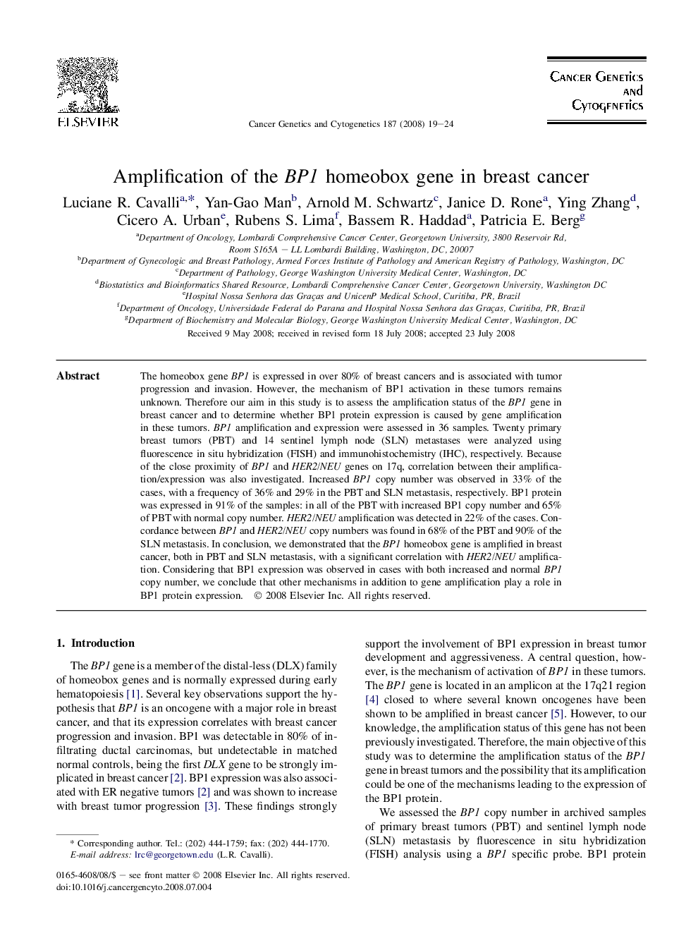 Amplification of the BP1 homeobox gene in breast cancer