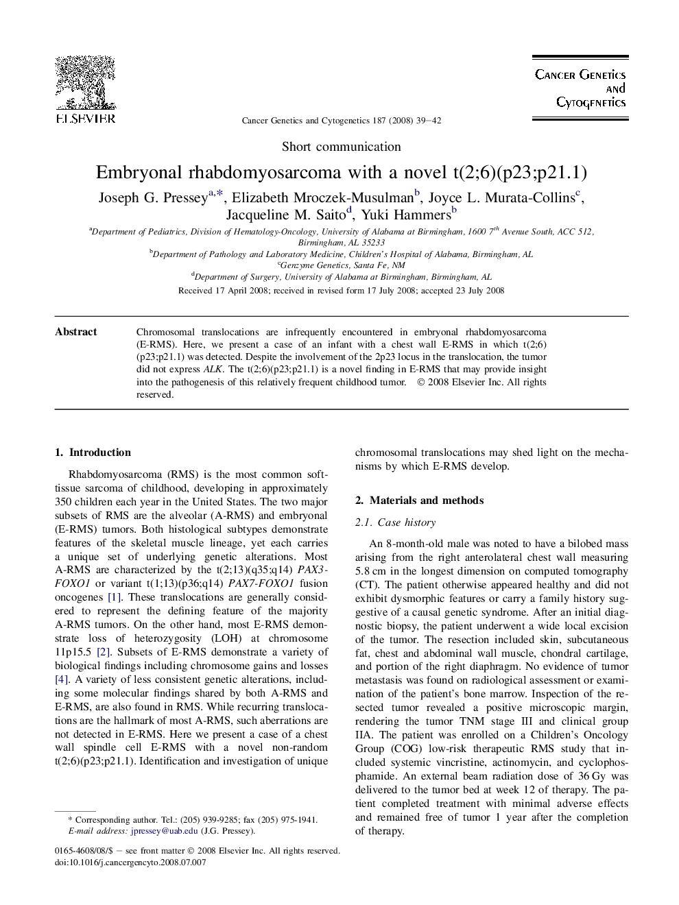 Embryonal rhabdomyosarcoma with a novel t(2;6)(p23;p21.1)