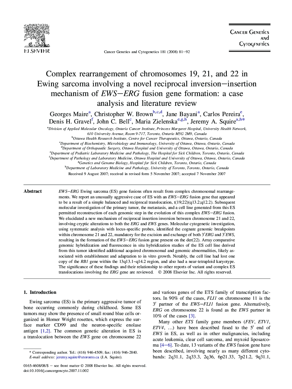 عکس صفحه اول مقاله: Complex rearrangement of chromosomes 19, 21, and 22 in Ewing sarcoma involving a novel reciprocal inversion–insertion mechanism of EWS–ERG fusion gene formation: a case analysis and literature review Complex rearrangement of chromosomes 19, 21, and 22 in Ewing sarcoma involving a novel reciprocal inversion–insertion mechanism of EWS–ERG fusion gene formation: a case analysis and literature review