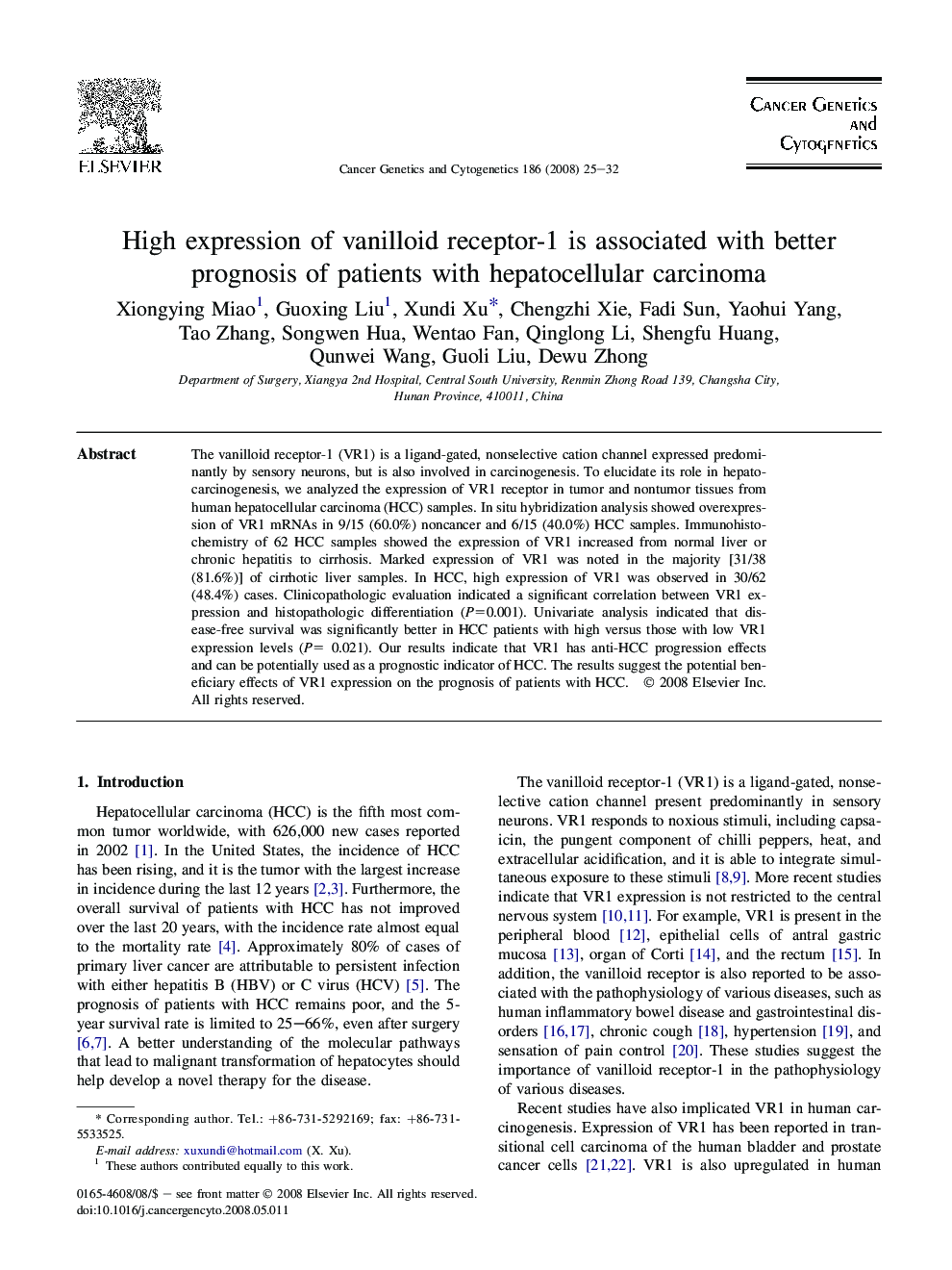 High expression of vanilloid receptor-1 is associated with better prognosis of patients with hepatocellular carcinoma