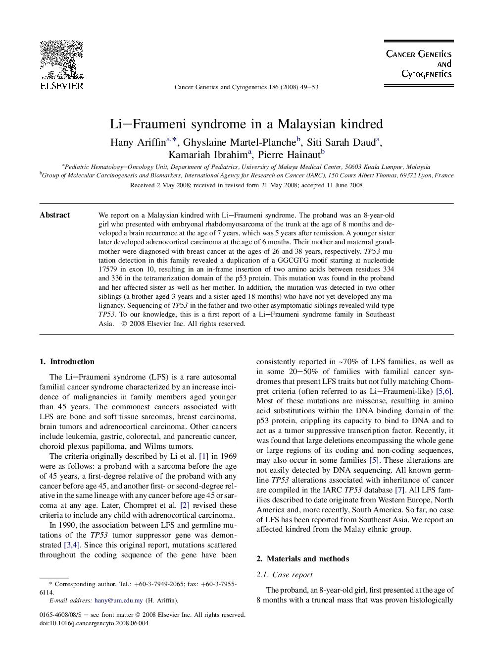 Li–Fraumeni syndrome in a Malaysian kindred