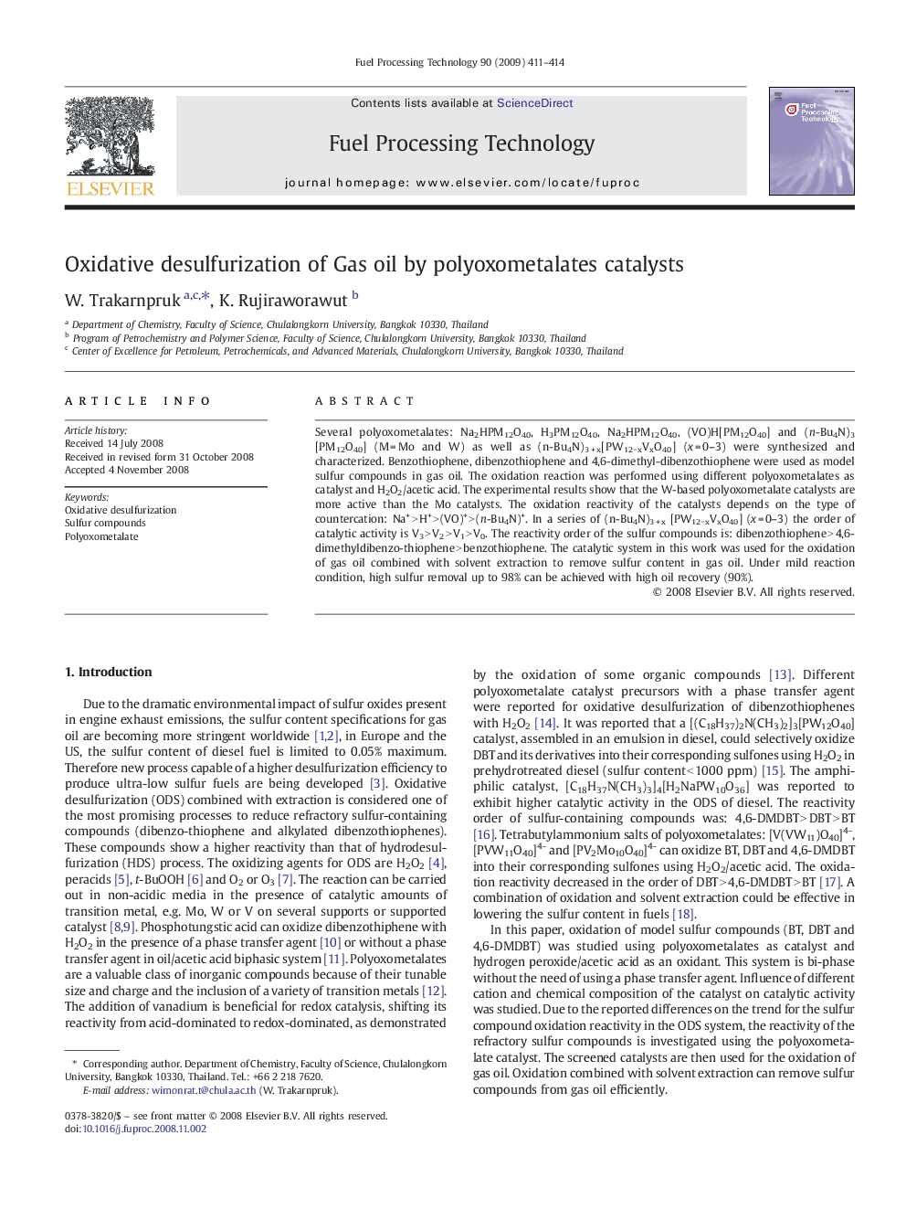 Oxidative desulfurization of Gas oil by polyoxometalates catalysts