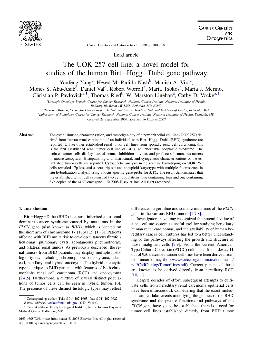 The UOK 257 cell line: a novel model for studies of the human Birt–Hogg–Dubé gene pathway