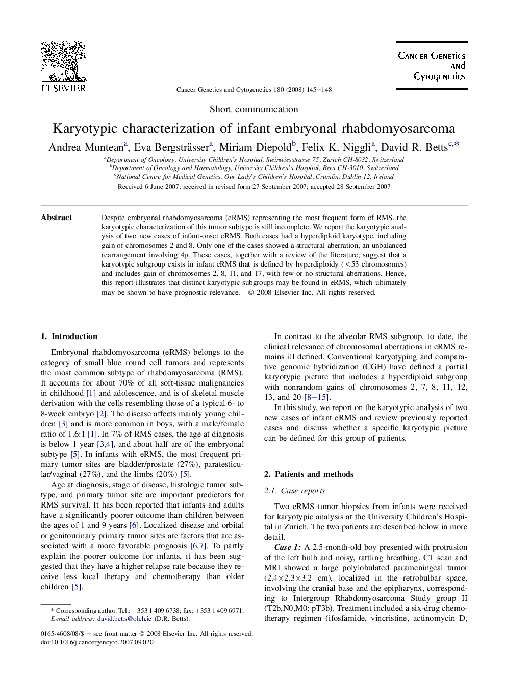 Karyotypic characterization of infant embryonal rhabdomyosarcoma