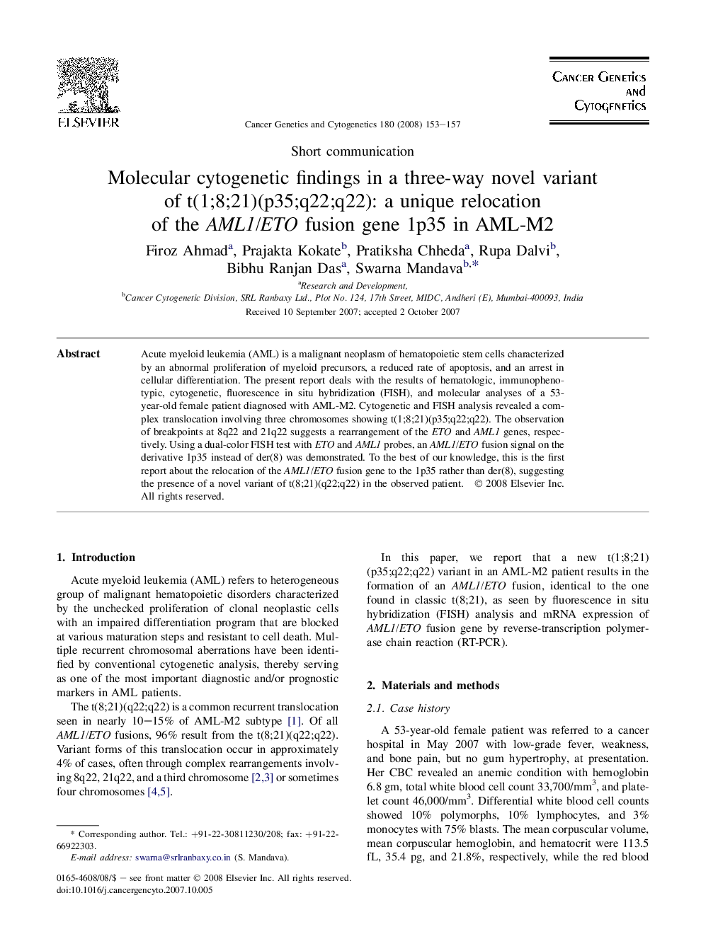 Molecular cytogenetic findings in a three-way novel variant of t(1;8;21)(p35;q22;q22): a unique relocation of the AML1/ETO fusion gene 1p35 in AML-M2