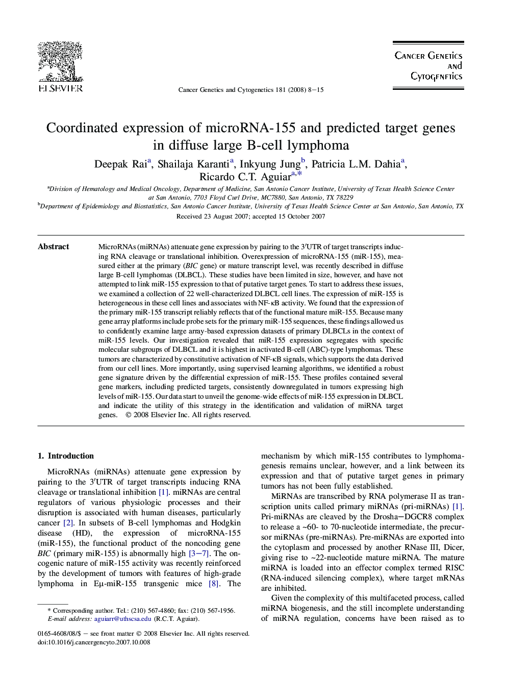 Coordinated expression of microRNA-155 and predicted target genes in diffuse large B-cell lymphoma