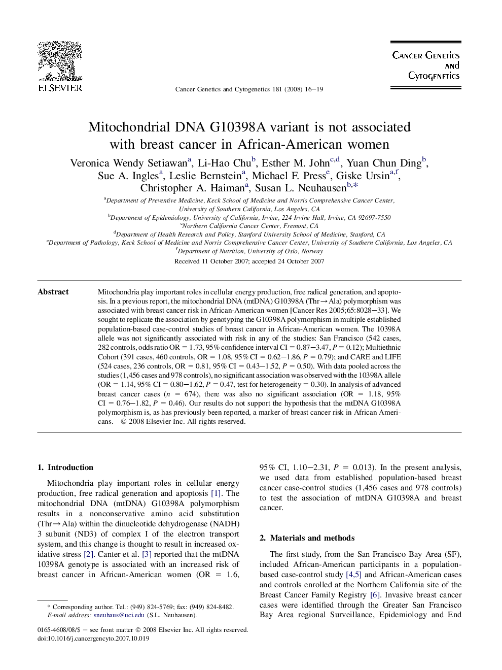 Mitochondrial DNA G10398A variant is not associated with breast cancer in African-American women