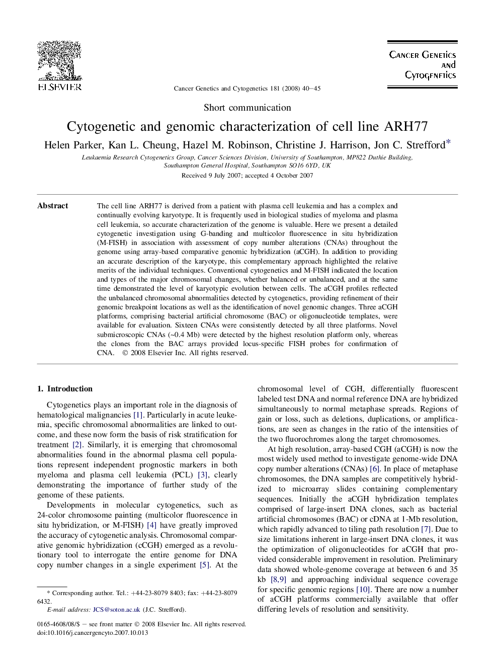 Cytogenetic and genomic characterization of cell line ARH77
