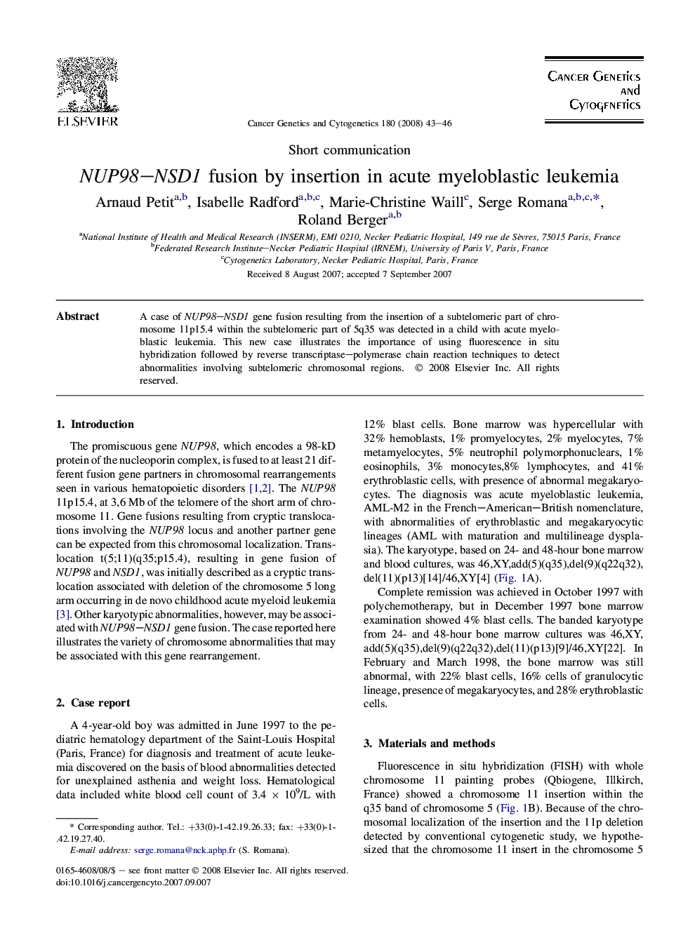 NUP98–NSD1 fusion by insertion in acute myeloblastic leukemia