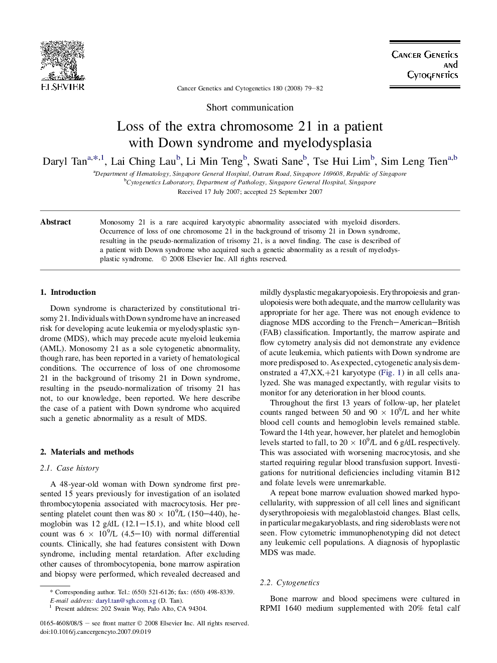 Loss of the extra chromosome 21 in a patient with Down syndrome and myelodysplasia