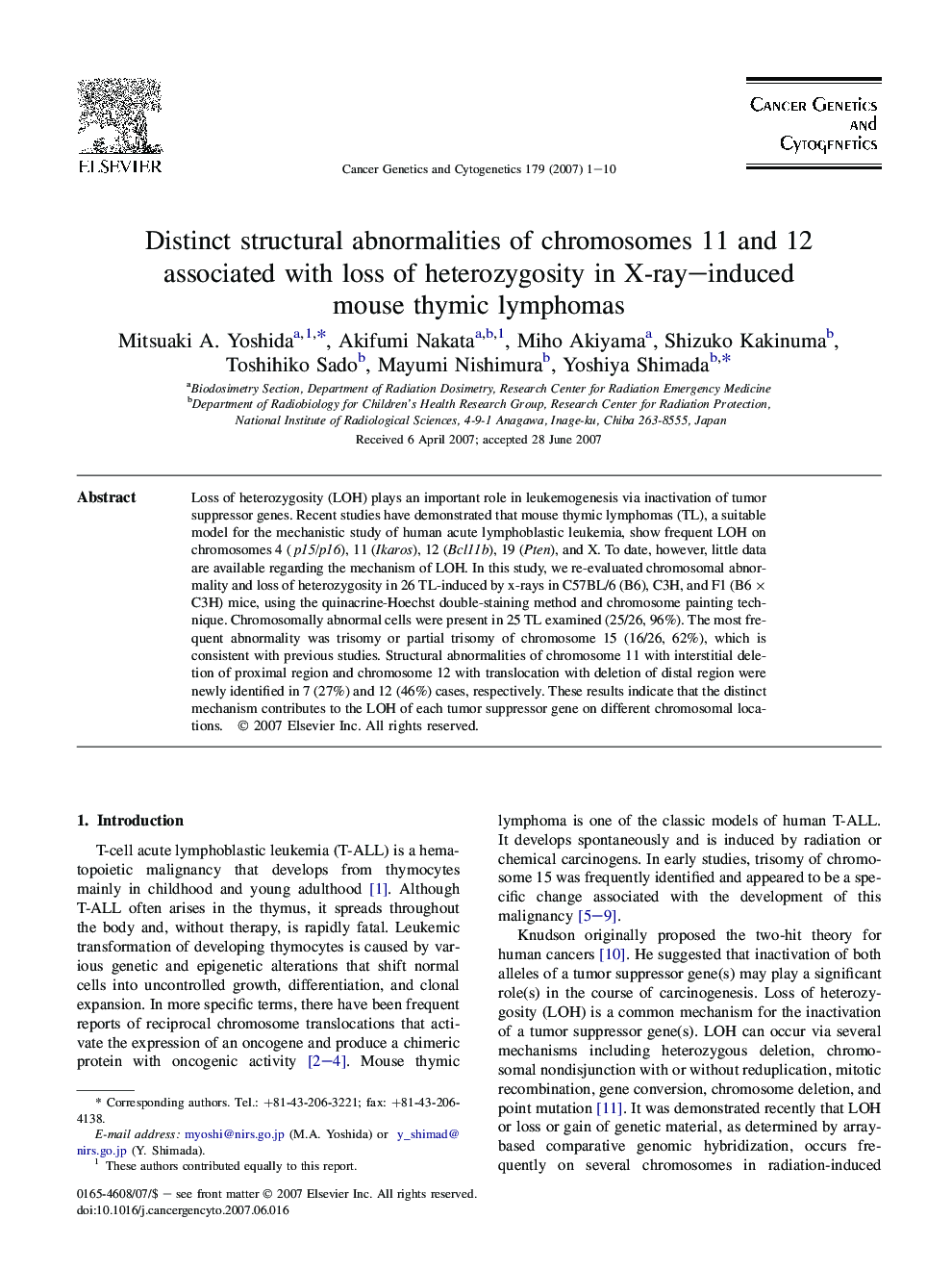 Distinct structural abnormalities of chromosomes 11 and 12 associated with loss of heterozygosity in X-ray-induced mouse thymic lymphomas