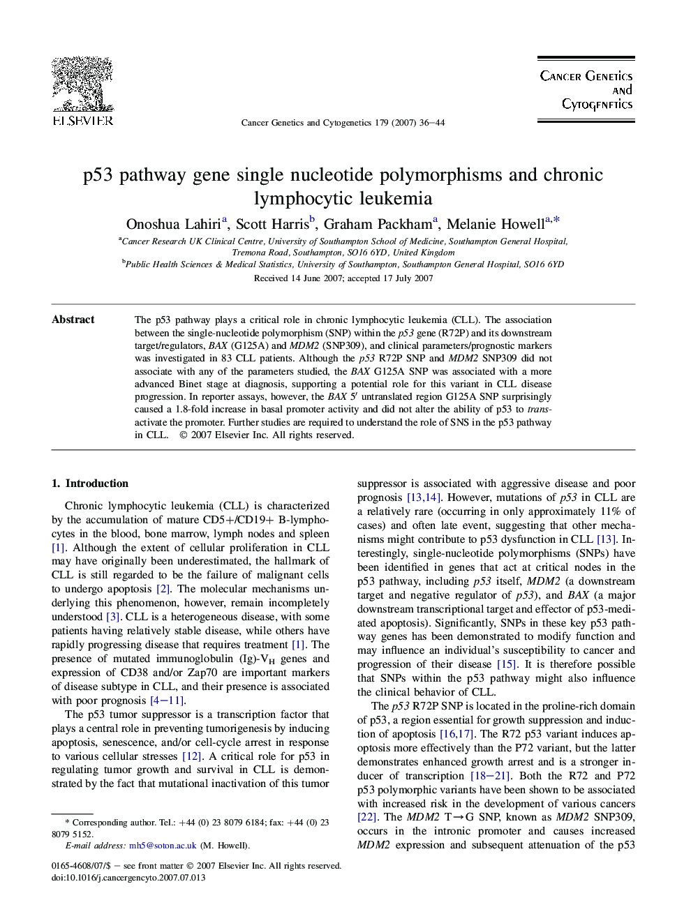 p53 pathway gene single nucleotide polymorphisms and chronic lymphocytic leukemia