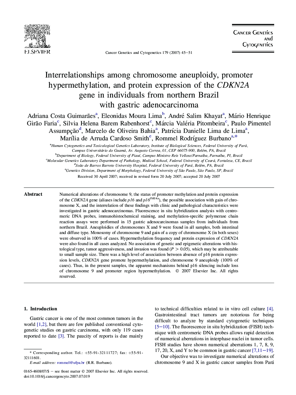 Interrelationships among chromosome aneuploidy, promoter hypermethylation, and protein expression of the CDKN2A gene in individuals from northern Brazil with gastric adenocarcinoma