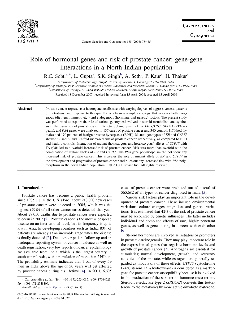 Role of hormonal genes and risk of prostate cancer: gene-gene interactions in a North Indian population