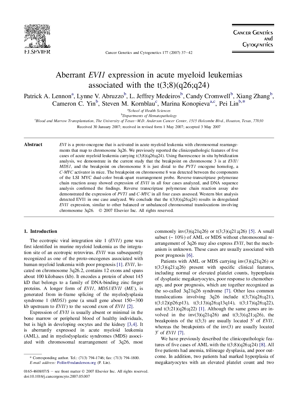 Aberrant EVI1 expression in acute myeloid leukemias associated with the t(3;8)(q26;q24)