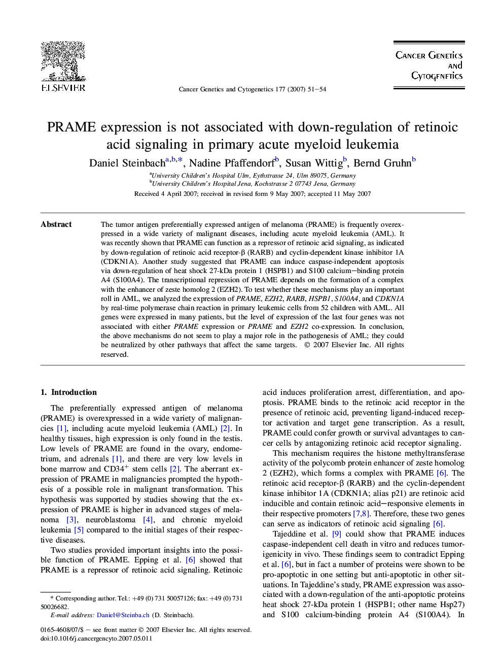 PRAME expression is not associated with down-regulation of retinoic acid signaling in primary acute myeloid leukemia