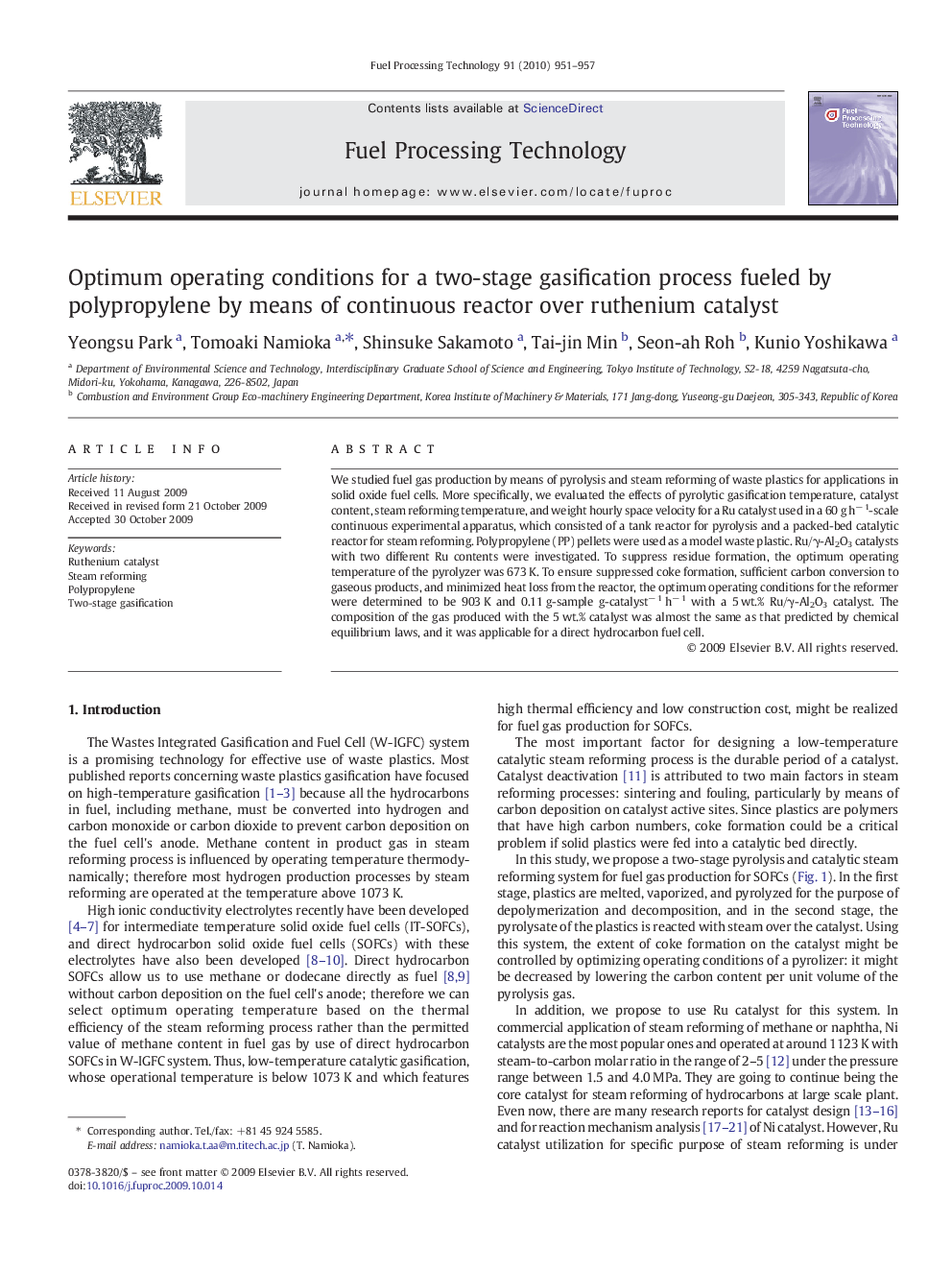 Optimum operating conditions for a two-stage gasification process fueled by polypropylene by means of continuous reactor over ruthenium catalyst