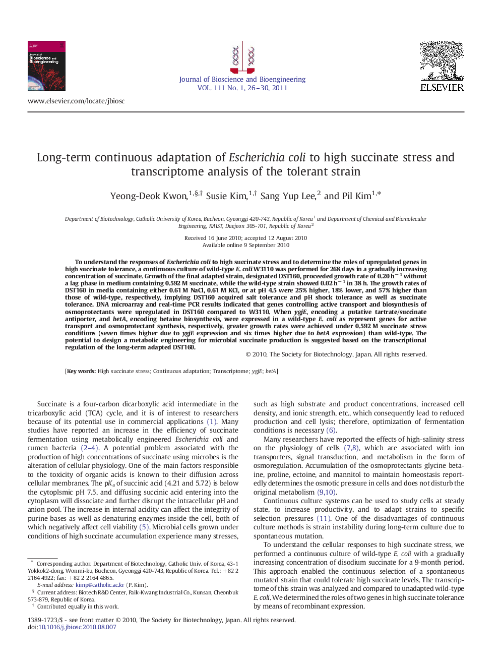 عکس صفحه اول مقاله: Long-term continuous adaptation of Escherichia coli to high succinate stress and transcriptome analysis of the tolerant strain Long-term continuous adaptation of Escherichia coli to high succinate stress and transcriptome analysis of the tolerant strain