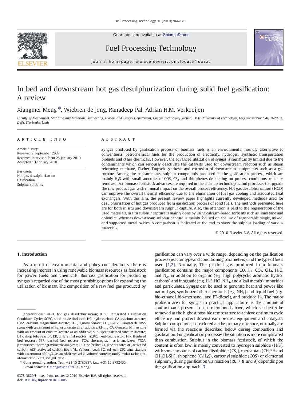 In bed and downstream hot gas desulphurization during solid fuel gasification: A review