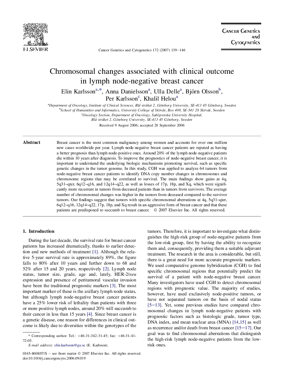 Chromosomal changes associated with clinical outcome in lymph node-negative breast cancer