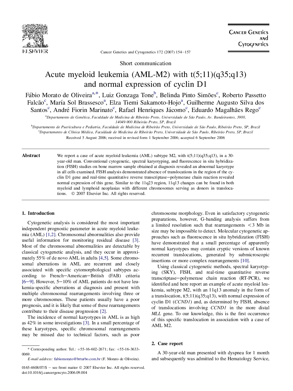 Acute myeloid leukemia (AML-M2) with t(5;11)(q35;q13) and normal expression of cyclin D1