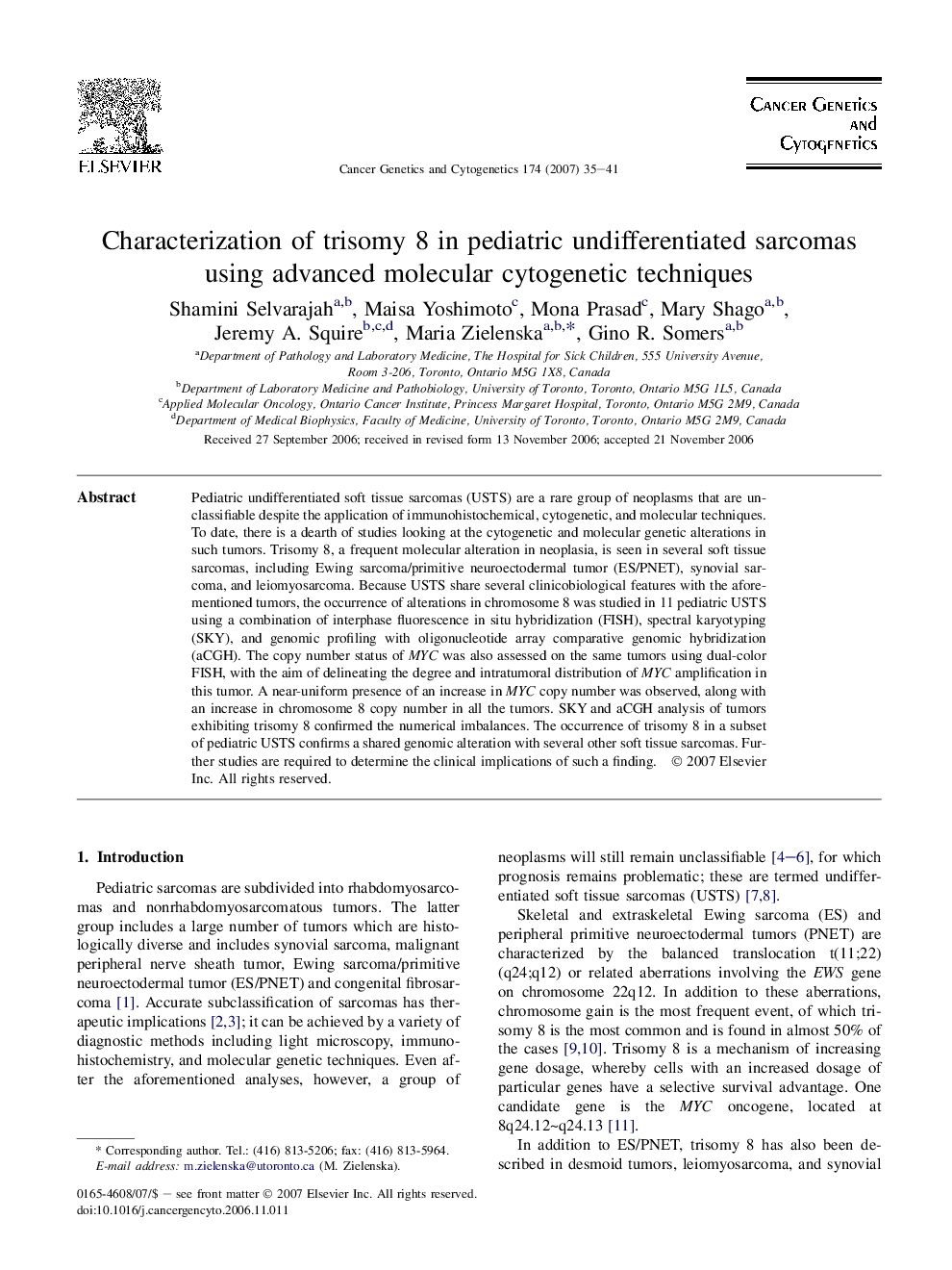 Characterization of trisomy 8 in pediatric undifferentiated sarcomas using advanced molecular cytogenetic techniques