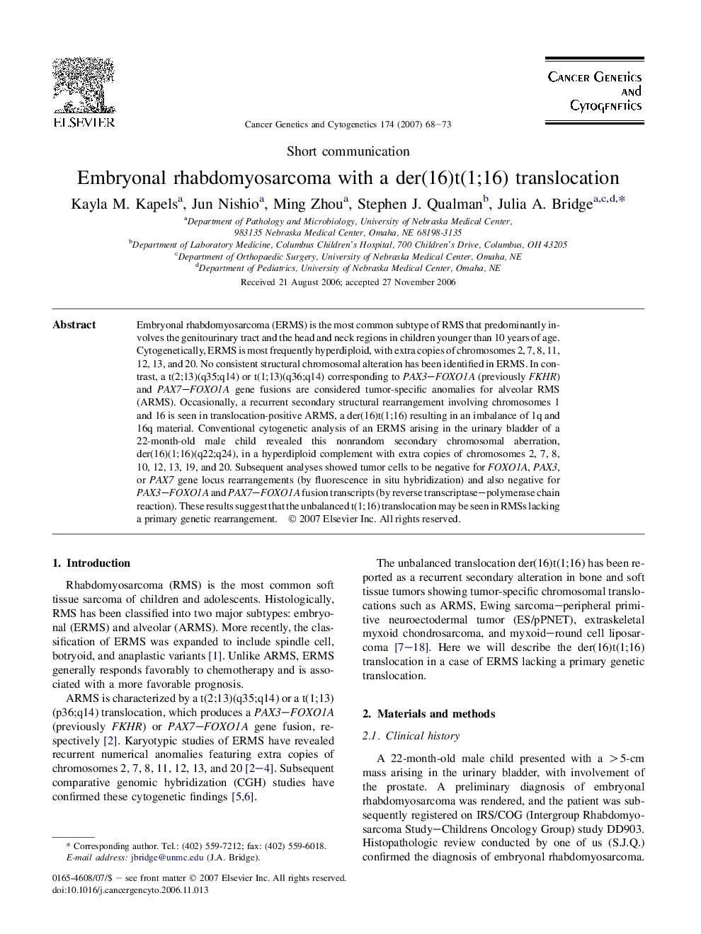 Embryonal rhabdomyosarcoma with a der(16)t(1;16) translocation