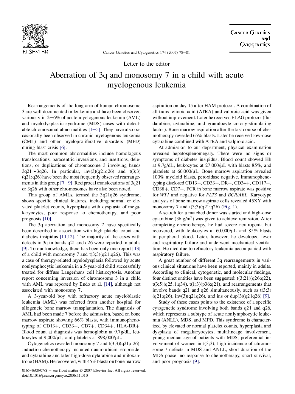 Aberration of 3q and monosomy 7 in a child with acute myelogenous leukemia