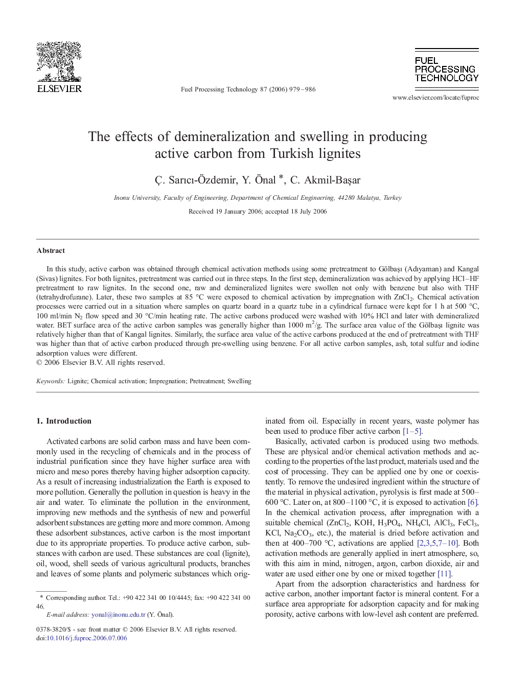 The effects of demineralization and swelling in producing active carbon from Turkish lignites