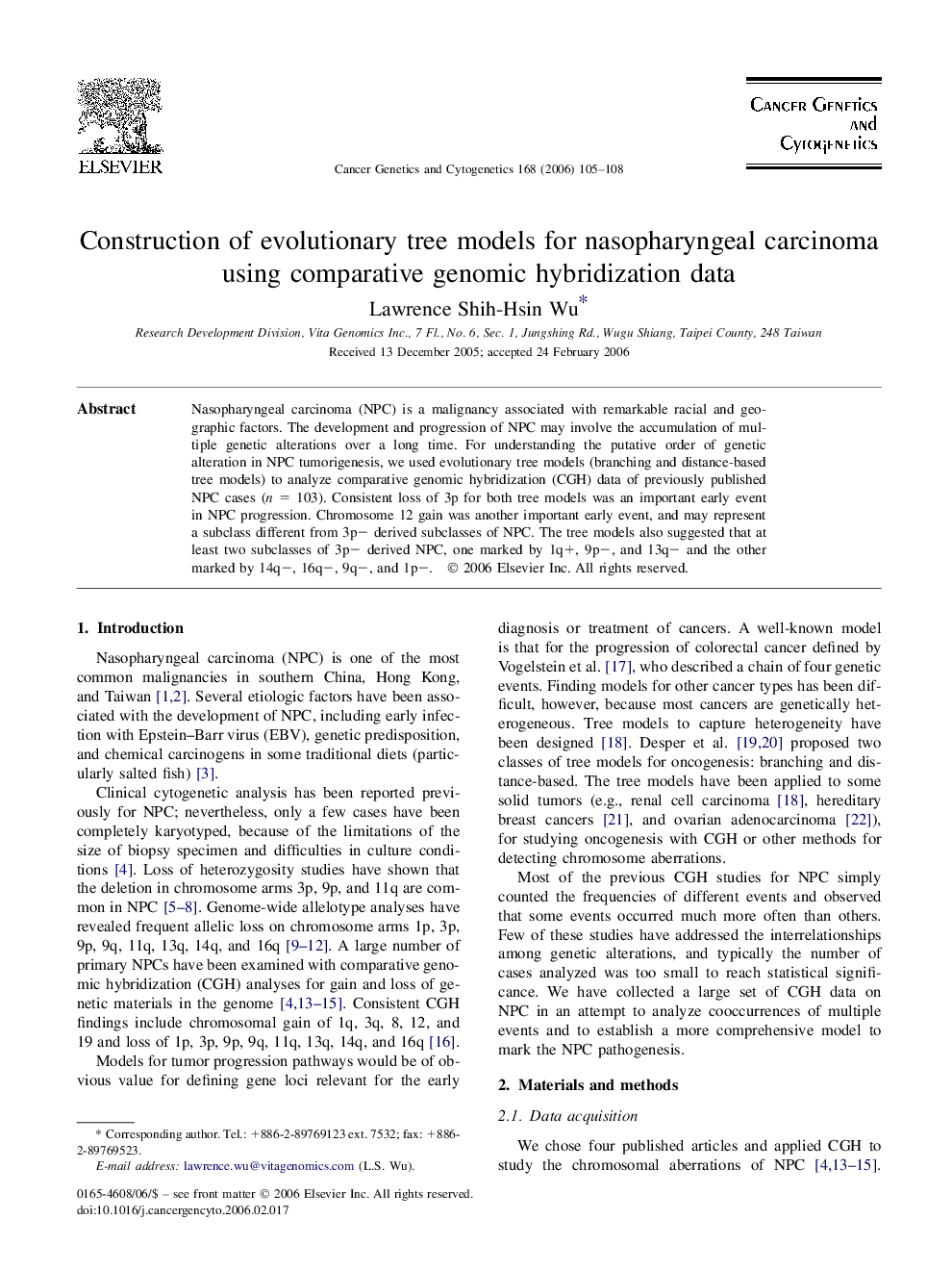 Construction of evolutionary tree models for nasopharyngeal carcinoma using comparative genomic hybridization data