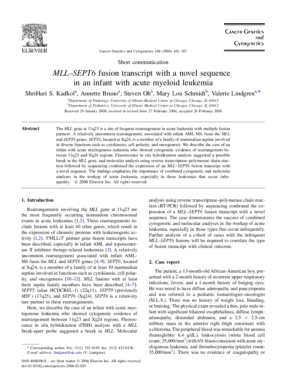 MLL–SEPT6 fusion transcript with a novel sequence in an infant with acute myeloid leukemia