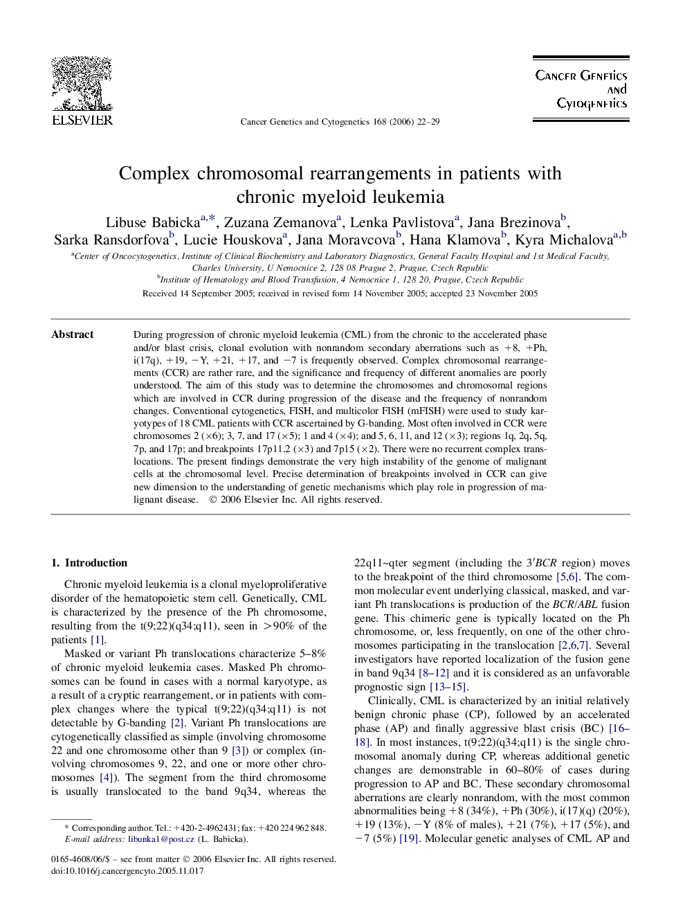 Complex chromosomal rearrangements in patients with chronic myeloid leukemia