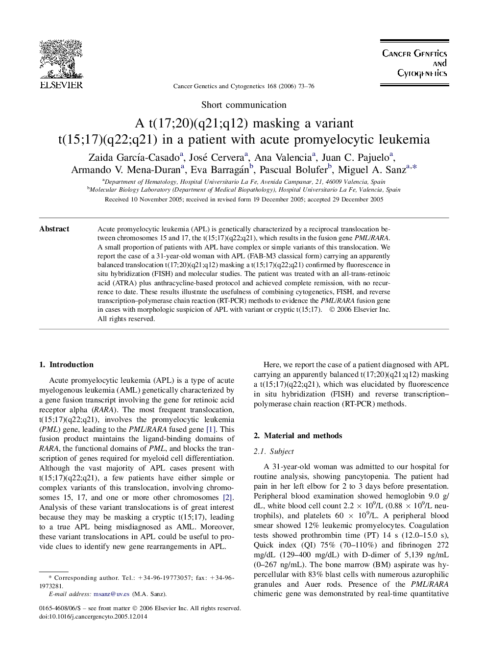A t(17;20)(q21;q12) masking a variant t(15;17)(q22;q21) in a patient with acute promyelocytic leukemia