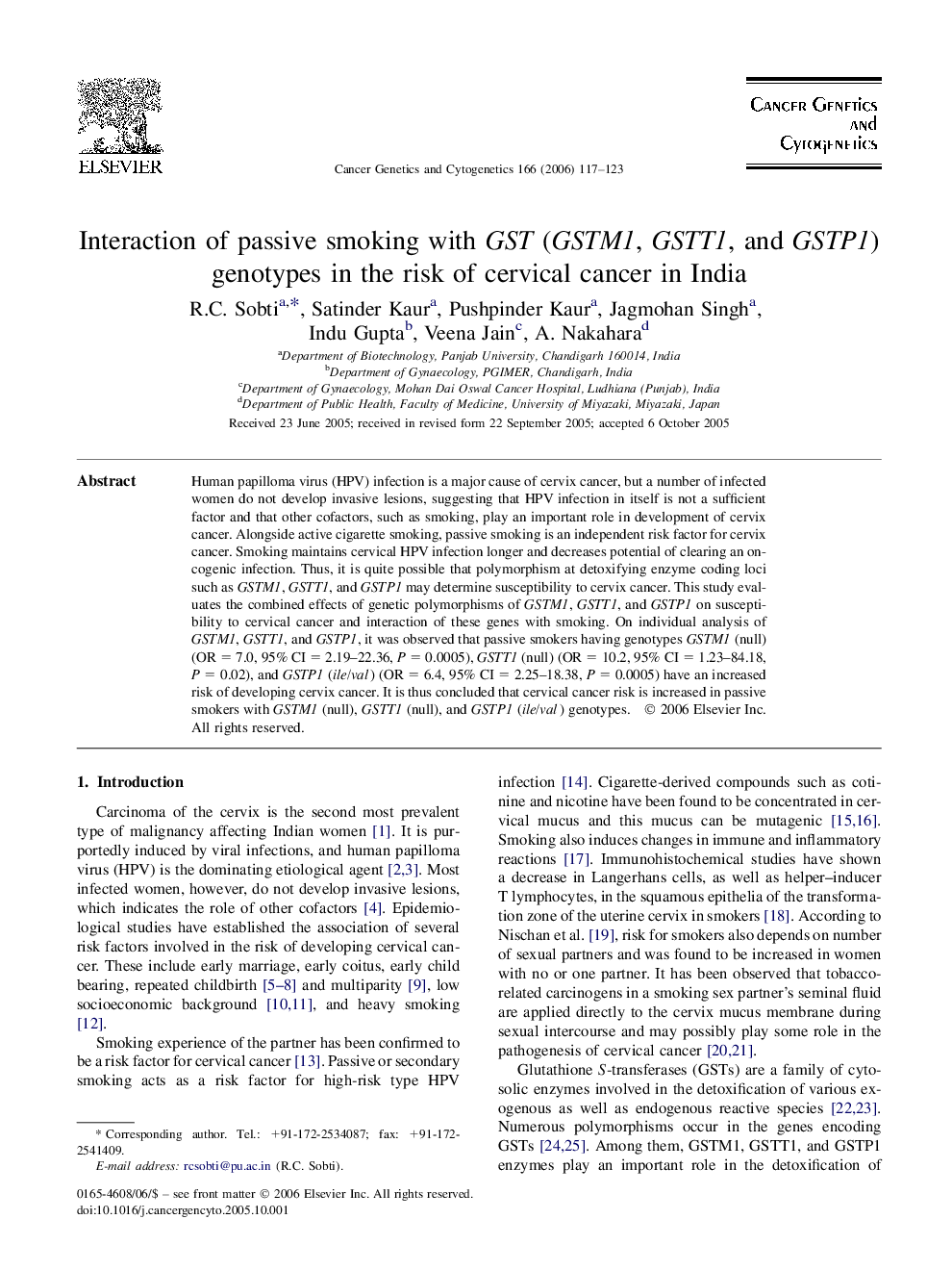 Interaction of passive smoking with GST (GSTM1, GSTT1, and GSTP1) genotypes in the risk of cervical cancer in India