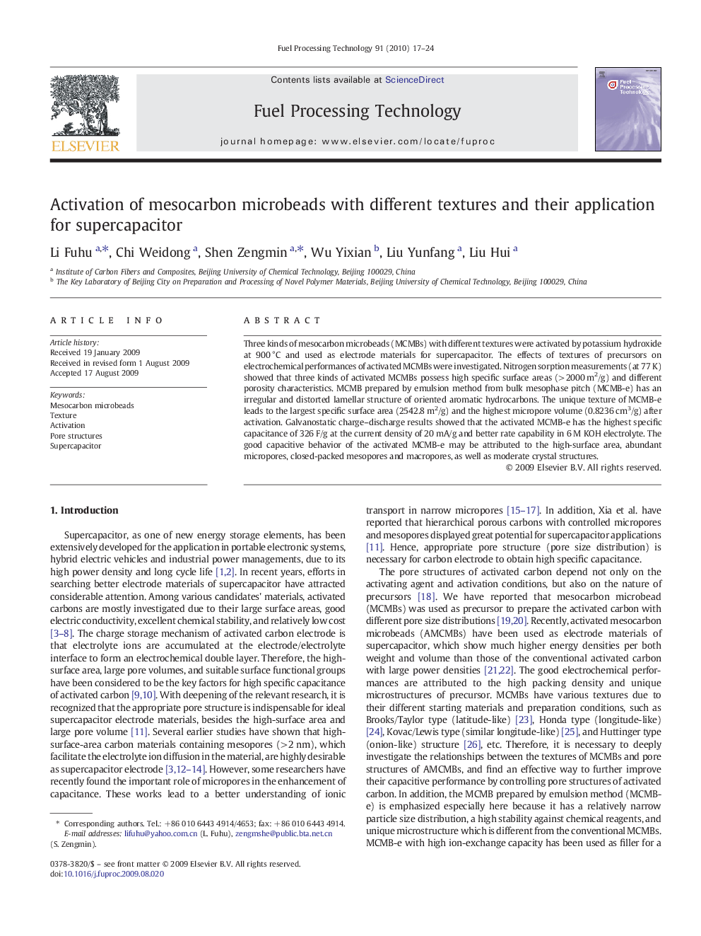 Activation of mesocarbon microbeads with different textures and their application for supercapacitor