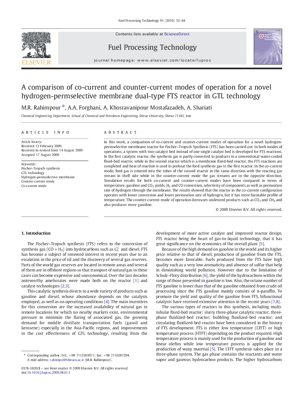 A comparison of co-current and counter-current modes of operation for a novel hydrogen-permselective membrane dual-type FTS reactor in GTL technology