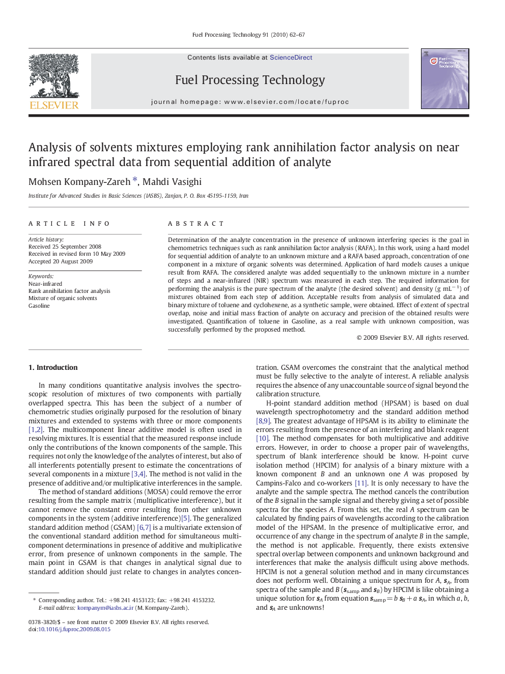 Analysis of solvents mixtures employing rank annihilation factor analysis on near infrared spectral data from sequential addition of analyte