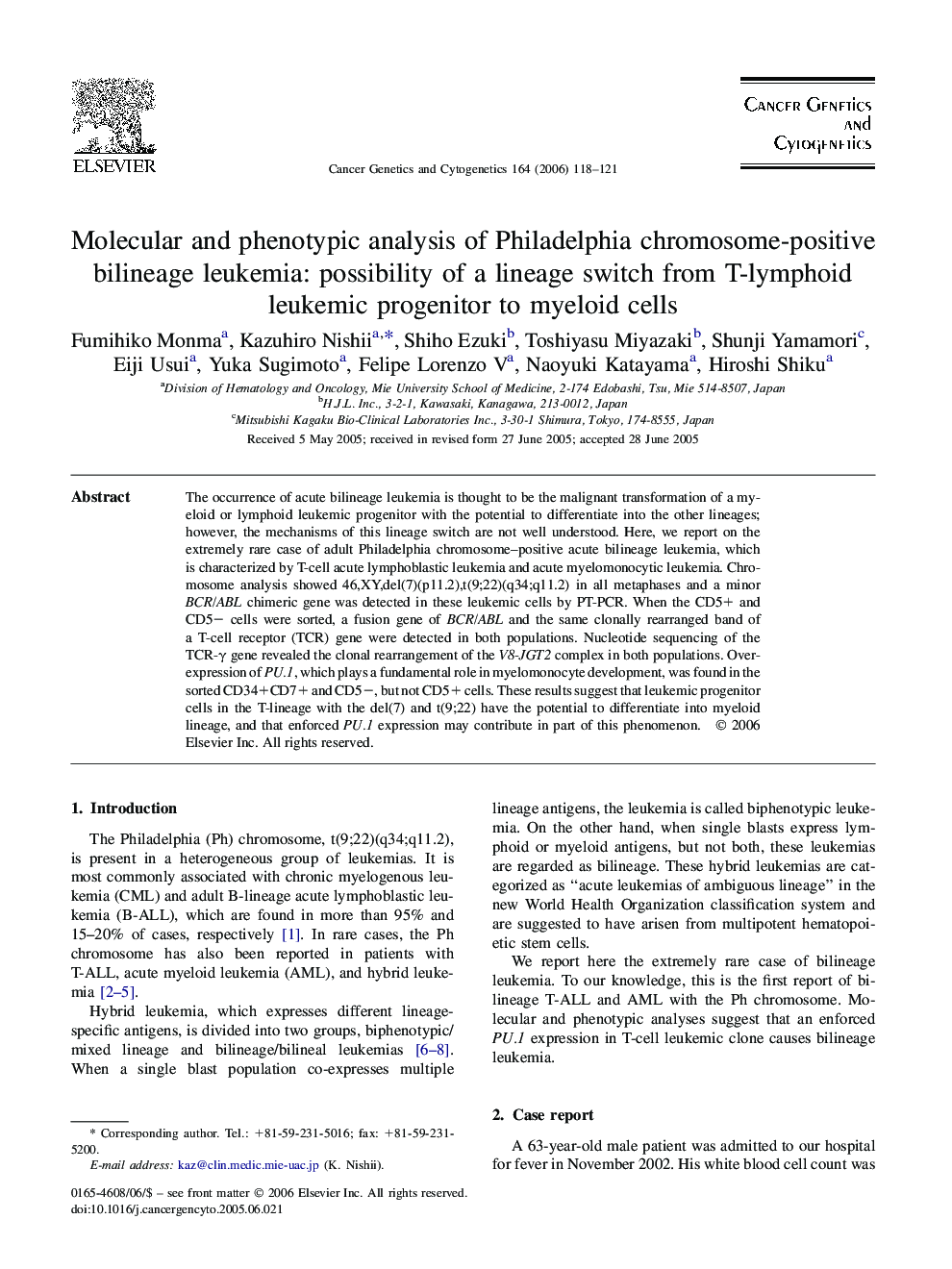 Molecular and phenotypic analysis of Philadelphia chromosome-positive bilineage leukemia: possibility of a lineage switch from T-lymphoid leukemic progenitor to myeloid cells