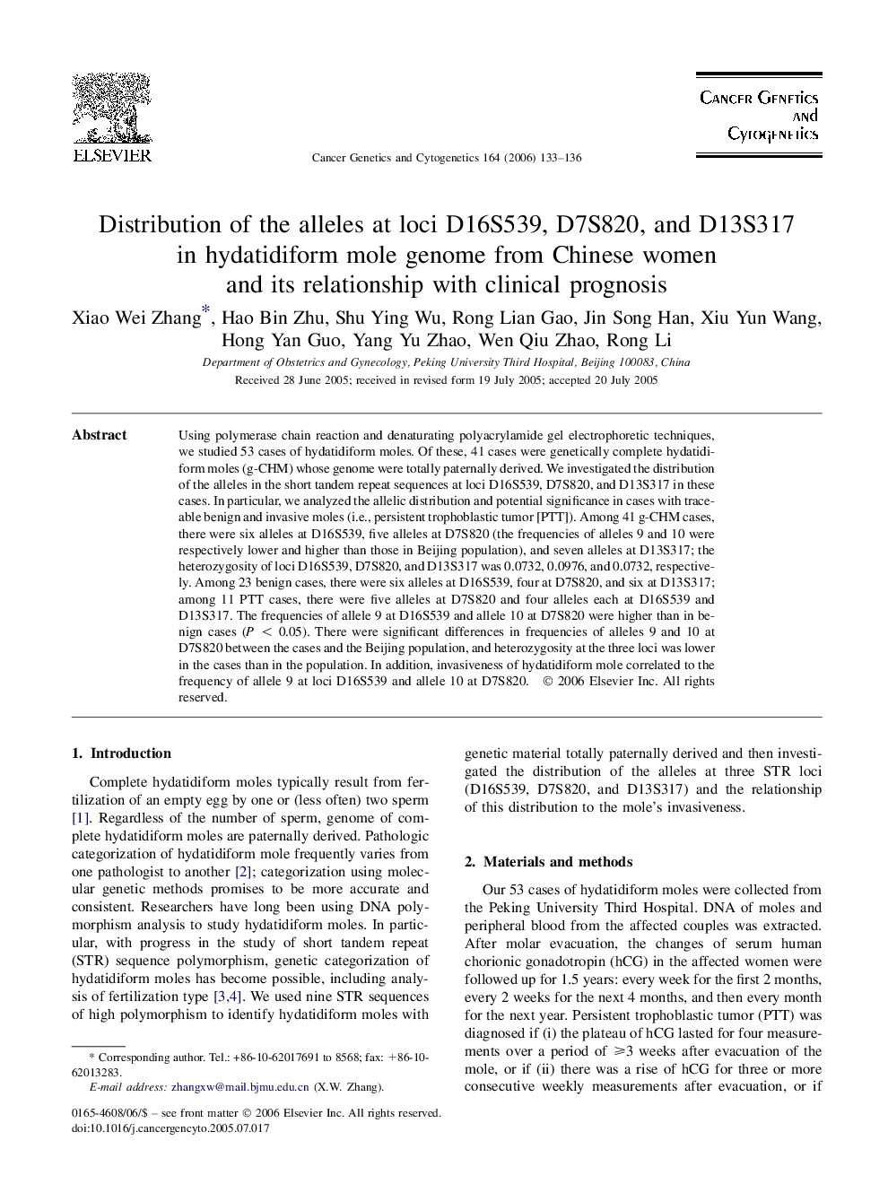 Distribution of the alleles at loci D16S539, D7S820, and D13S317 in hydatidiform mole genome from Chinese women and its relationship with clinical prognosis