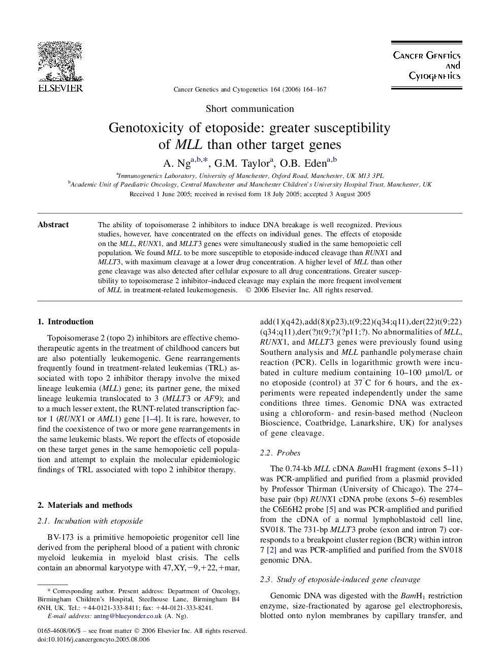 Genotoxicity of etoposide: greater susceptibility of MLL than other target genes